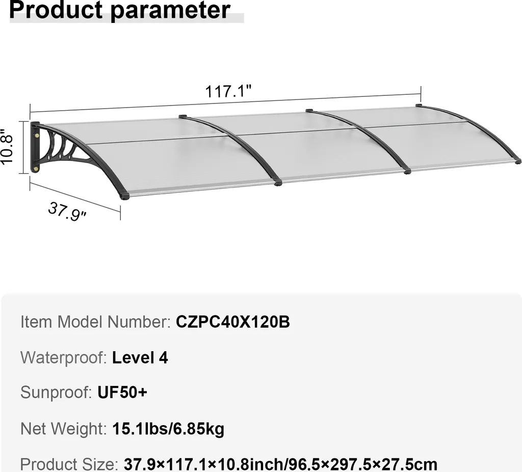 SucceBuy tenda da sole per finestre e porte, tenda da sole per patio esterno da 38 x 117 pollici, pellicola di protezione solare UF50+ PC, parasole trasparente impermeabile per la protezione da raggi UV, pioggia e neve - 7