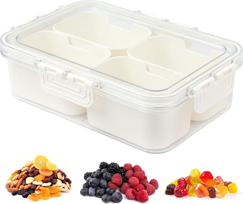 Snackbox mit Fächern, Snack Aufbewahrungsbox, Snackschale mit Deckel, Snackteller mit 4 Fächern Küche Gewürze Box Kunststoff Snackschale für S...