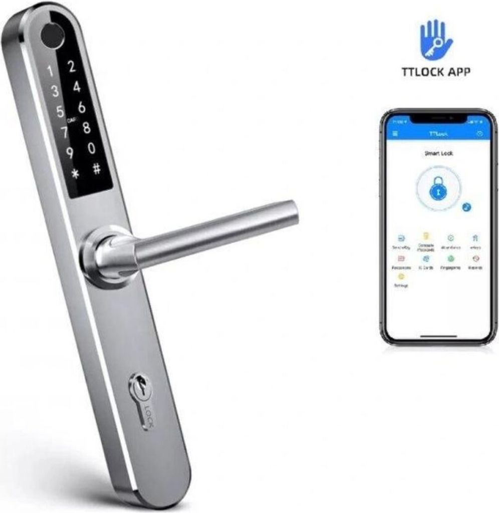 A smart door lock with a keypad and handle, shown next to a smartphone displaying the TTLock app.