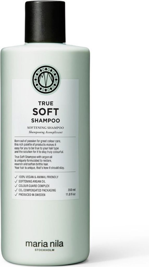 A bottle of Maria Nila True Soft Shampoo on a white background.