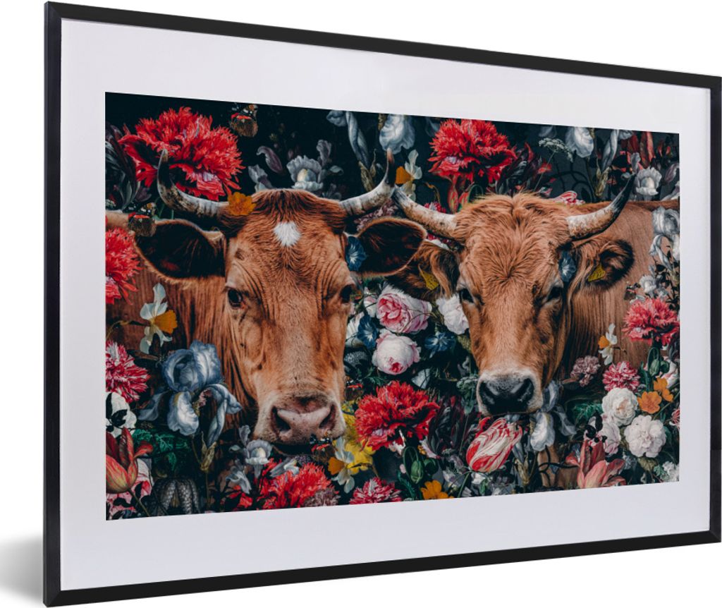 MuchoWow MuchoWow Gerahmtes Poster Kuh - Blumen - Tiere - Porträt 60x40 cm - Poster mit zchwarzem Bilderrahmen - Schlafzimmer - Plakat in Rahm...