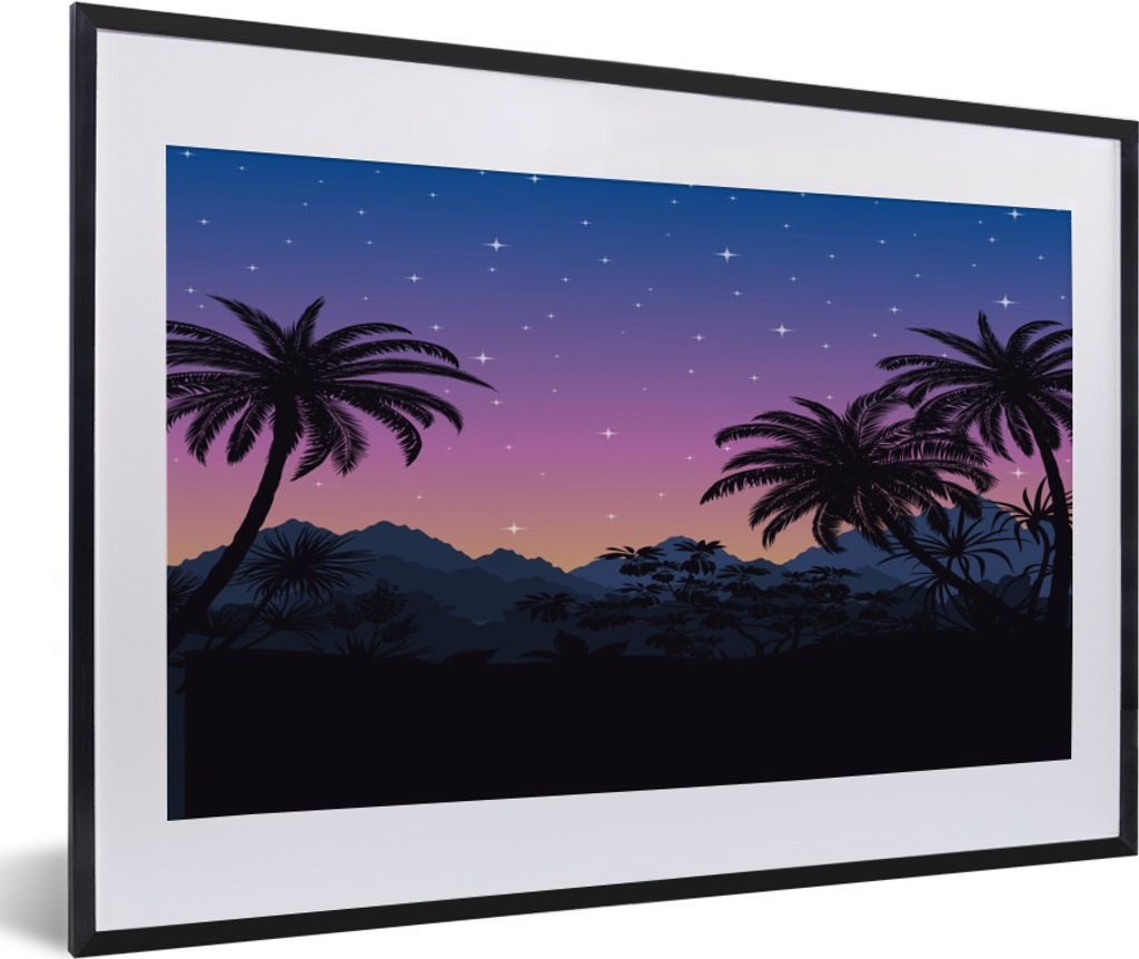 MuchoWow MuchoWow Gerahmtes Poster Palme - Berg - Nacht 60x40 cm - Poster mit zchwarzem Bilderrahmen - Schlafzimmer - Plakat in Rahmen - Drucken