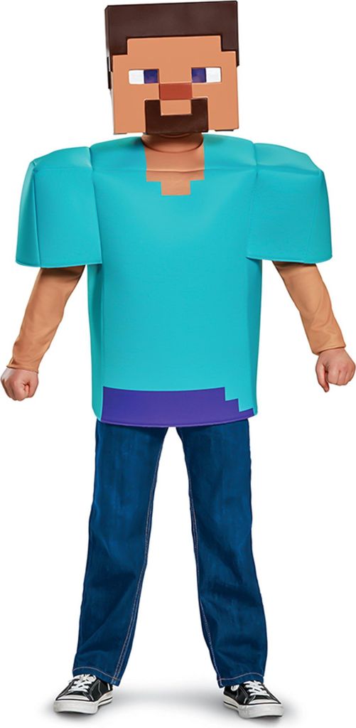 A child wearing a Minecraft Steve costume.