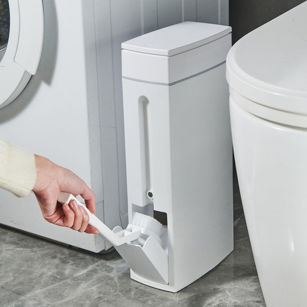 Badezimmer-Mülleimer, 4 x 8 x 17 Zoll, 4,5 l, schmaler Badezimmer-Mülleimer mit Toilettenbürstenhalter, Drucköffnung, weißer rechteckiger Toil...