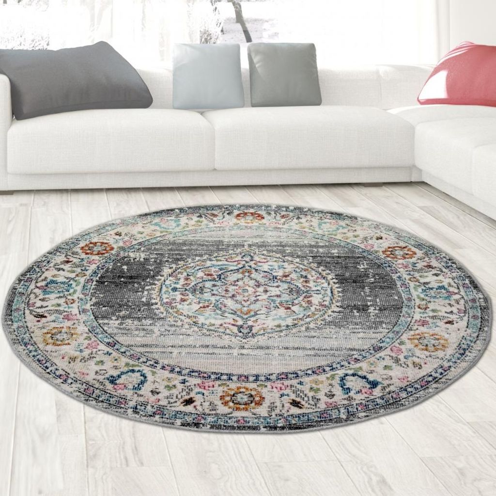 Teppich Outdoor Orientteppich Wohnzimmerteppich Ornamente in grau Größe - 120 cm Rund
