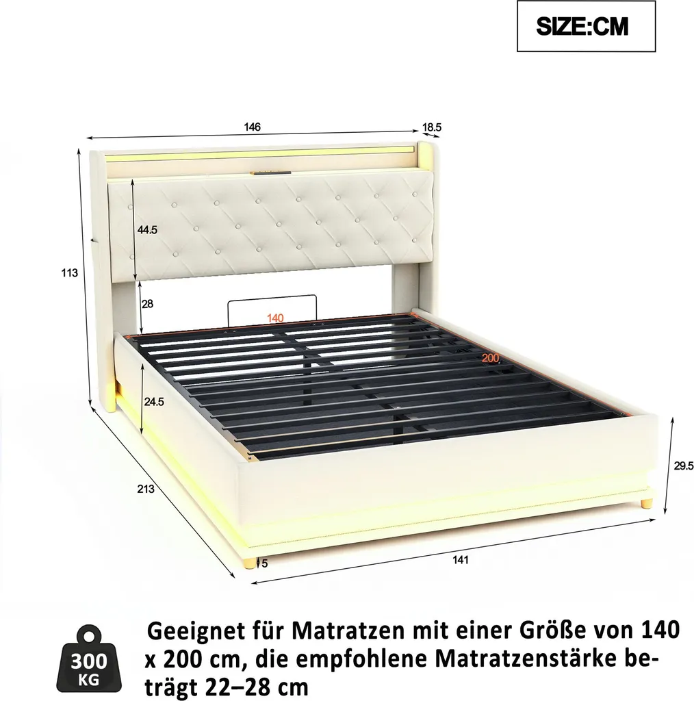 Lit 140x200 Gain de Place avec Coffre de Rangement et LED Design - 4