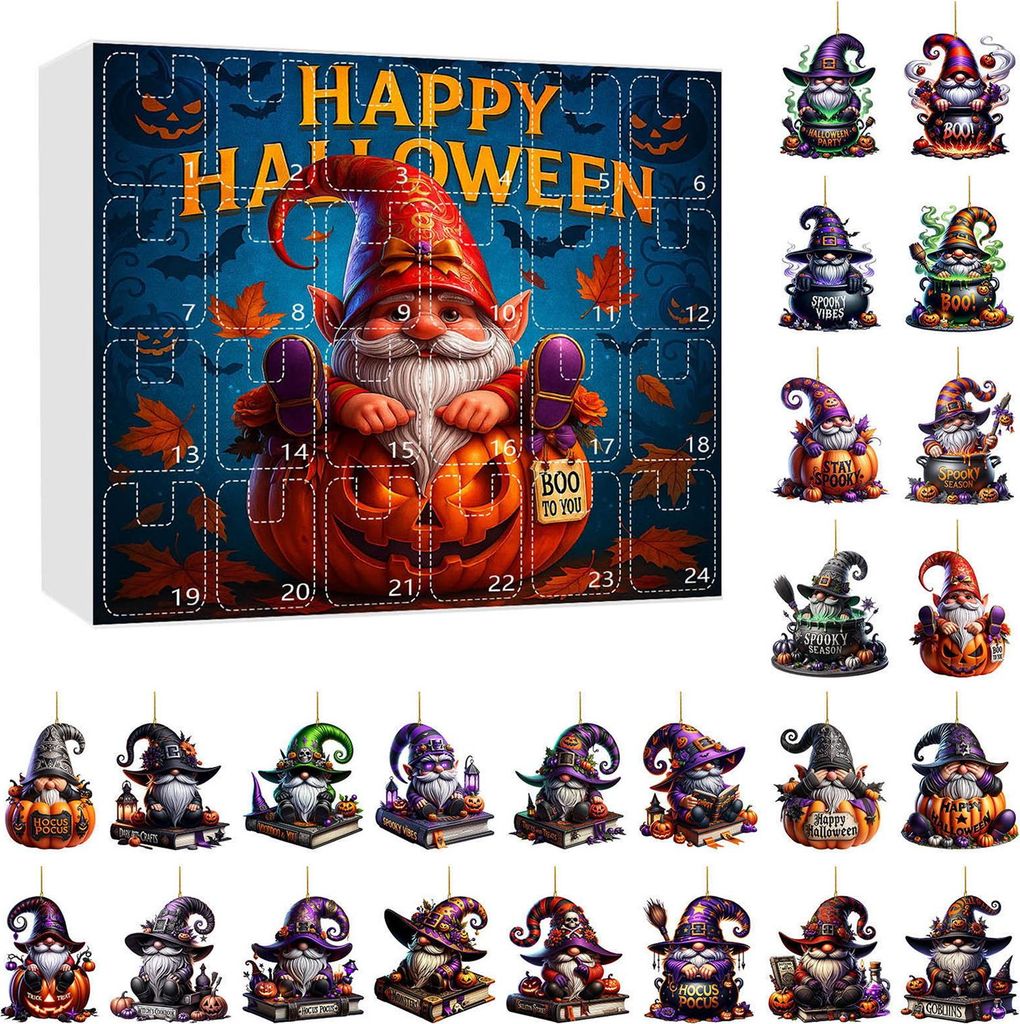 2025 Halloween-Gnom-Adventskalender, 2D-Acryl-Hängeornamente-Set, 24-Tage-Countdown-Kalender für die Feiertags-Wohnkultur