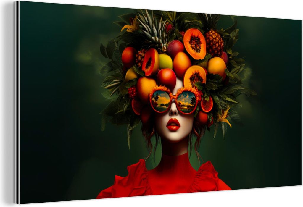 MuchoWow Wanddekoration Metall Metallbild Wandkunst 40x20 cm Frau - Früchte - Papaya - Ananas MuchoWow Aluminium Gemälde - Bild - Aluminium