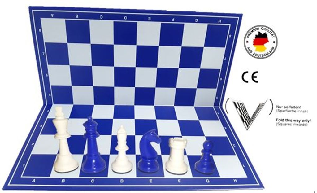 Schachset "Profi" mit Schachbrett und Schachfiguren KH 93 mm, weiss-blau, Staunton Form, mit Filzsockel