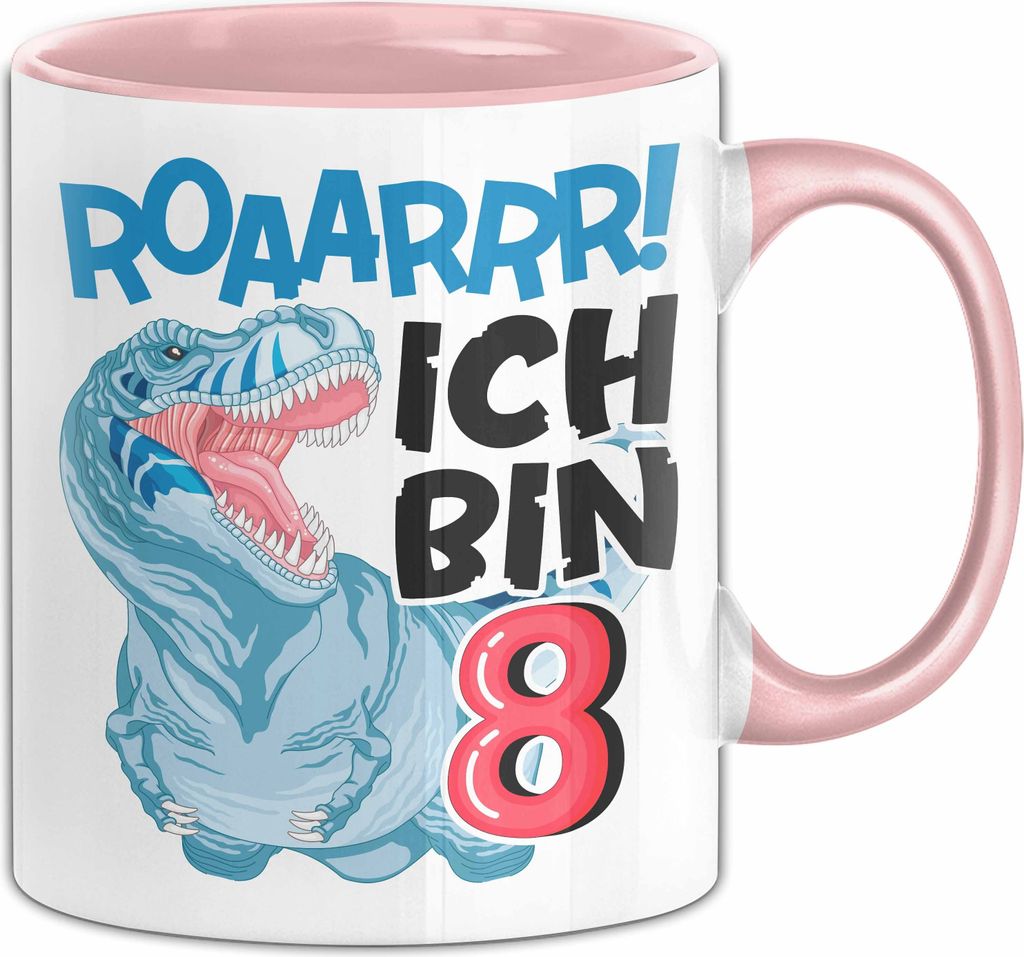 8. Geburtstag Geschenk Tasse Becher Jungs Dino T-Rex Roaarrr Ich Bin 8 (Rosa)