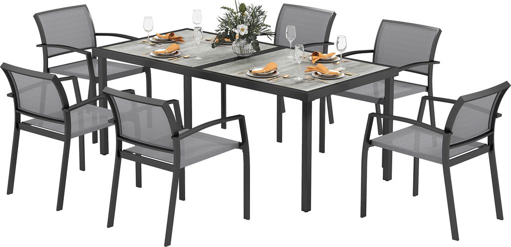 7-teiliges Ess-Set, 6 Stühle, 1 Tisch, stapelbar, leicht zu reinigen, Stahlrahmen, Gartenmöbel-Set, Grau