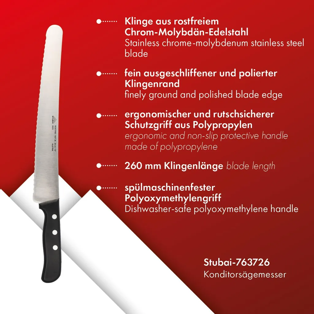 STUBAI coltello da pasticceria di alta qualità 260 mm | coltello da pasticceria con bordo seghettato in acciaio inox per tagliare senza fatica torte, pasticcini, pane e prodotti da forno, lavabile in lavastoviglie, pasticceria - 2