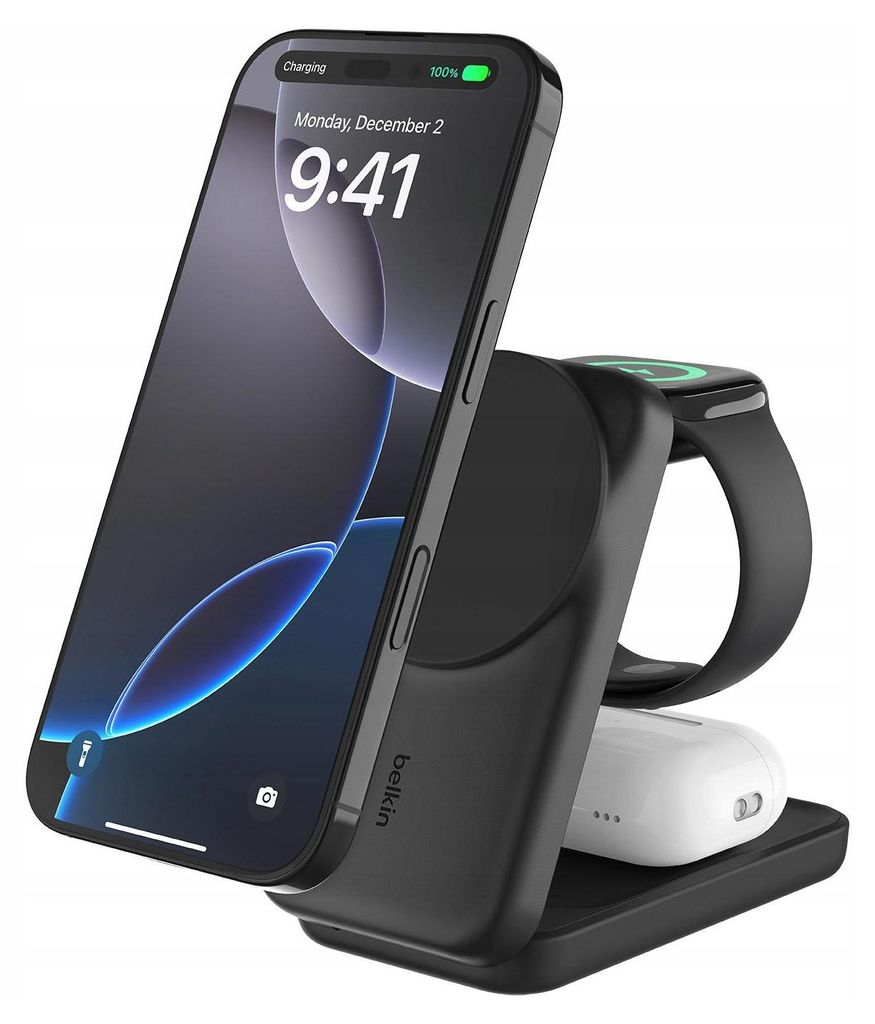 Belkin UltraCharge 25W Qi2 magn. 3-in-1 Lad.klappb.sw. Produktbild 