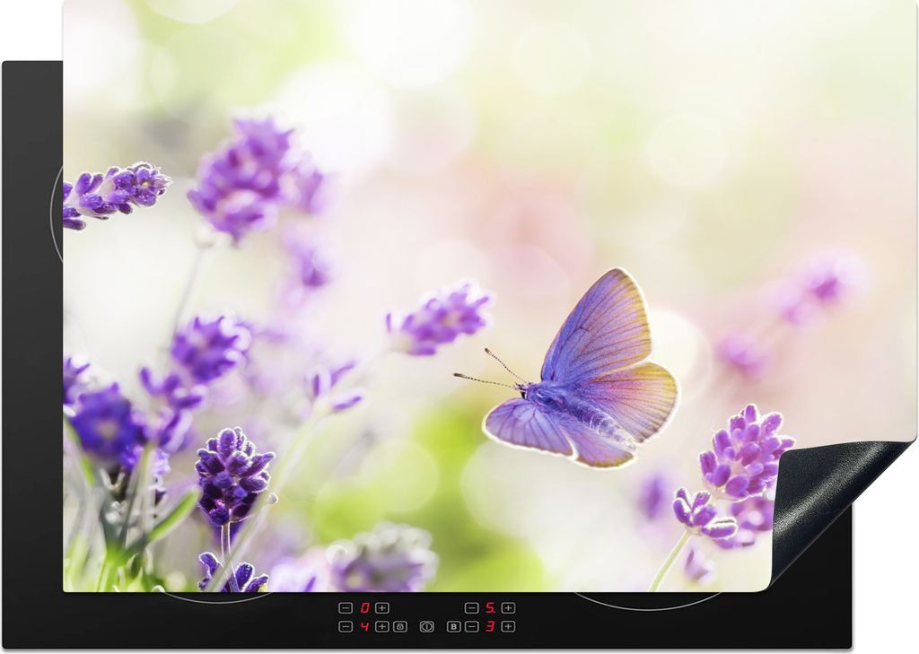 KitchenYeah Herdabdeckplatte Lavendel - Schmetterling - Blumen , 75x52cm, Küche Deko, Glaskeramikkochfeld Herdabdeckung, Abdeckplatte fùr Kochfeld