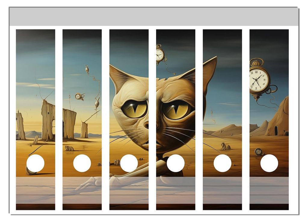 Wallario Ordnerrücken Sticker, selbstklebend für breite Ordner, 6 Stück, Motiv Katze als Zeitwächter