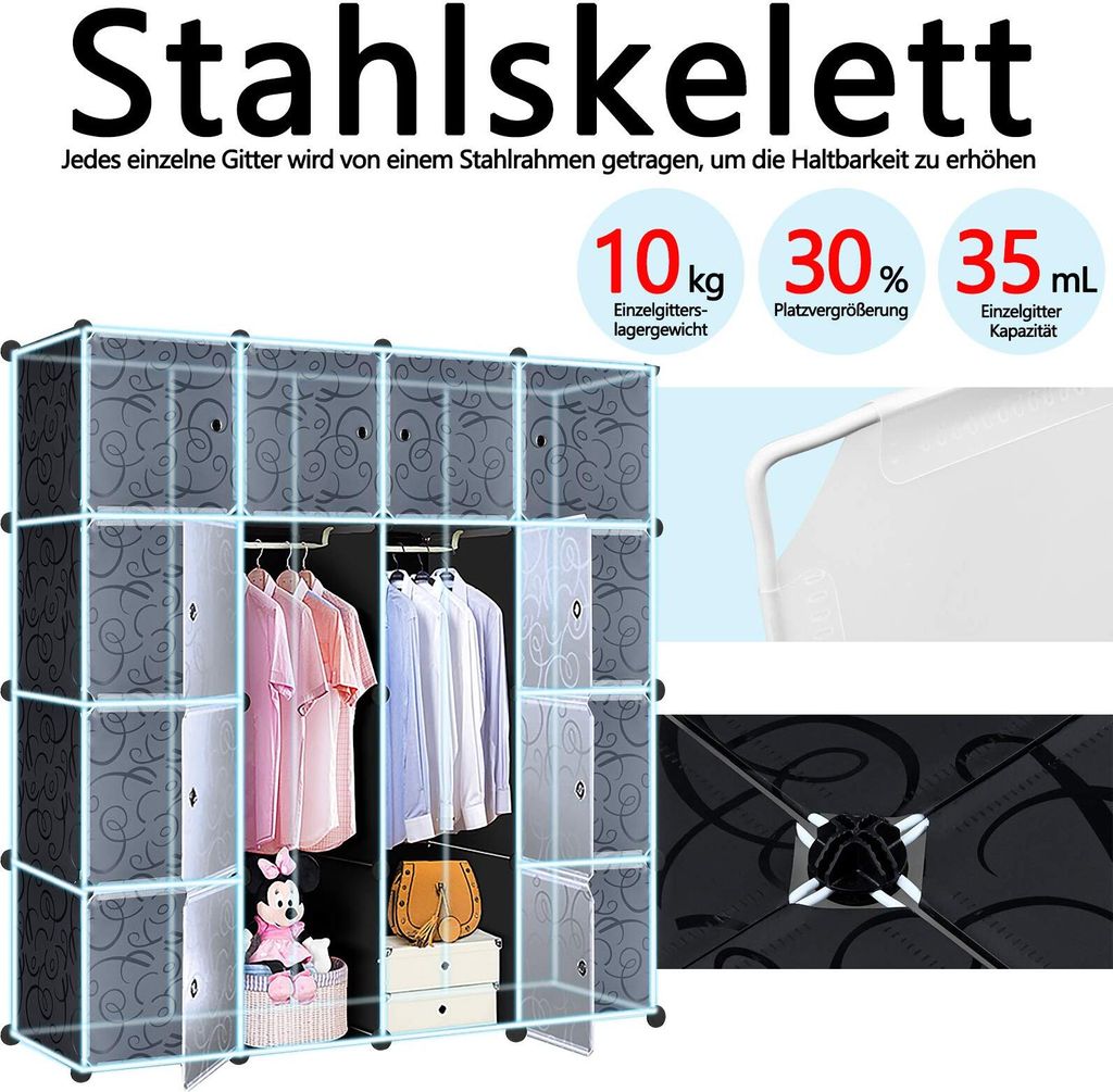 Šatní skříň černá DIY Policový systém z plastu Šatní Obrázek produktu 3