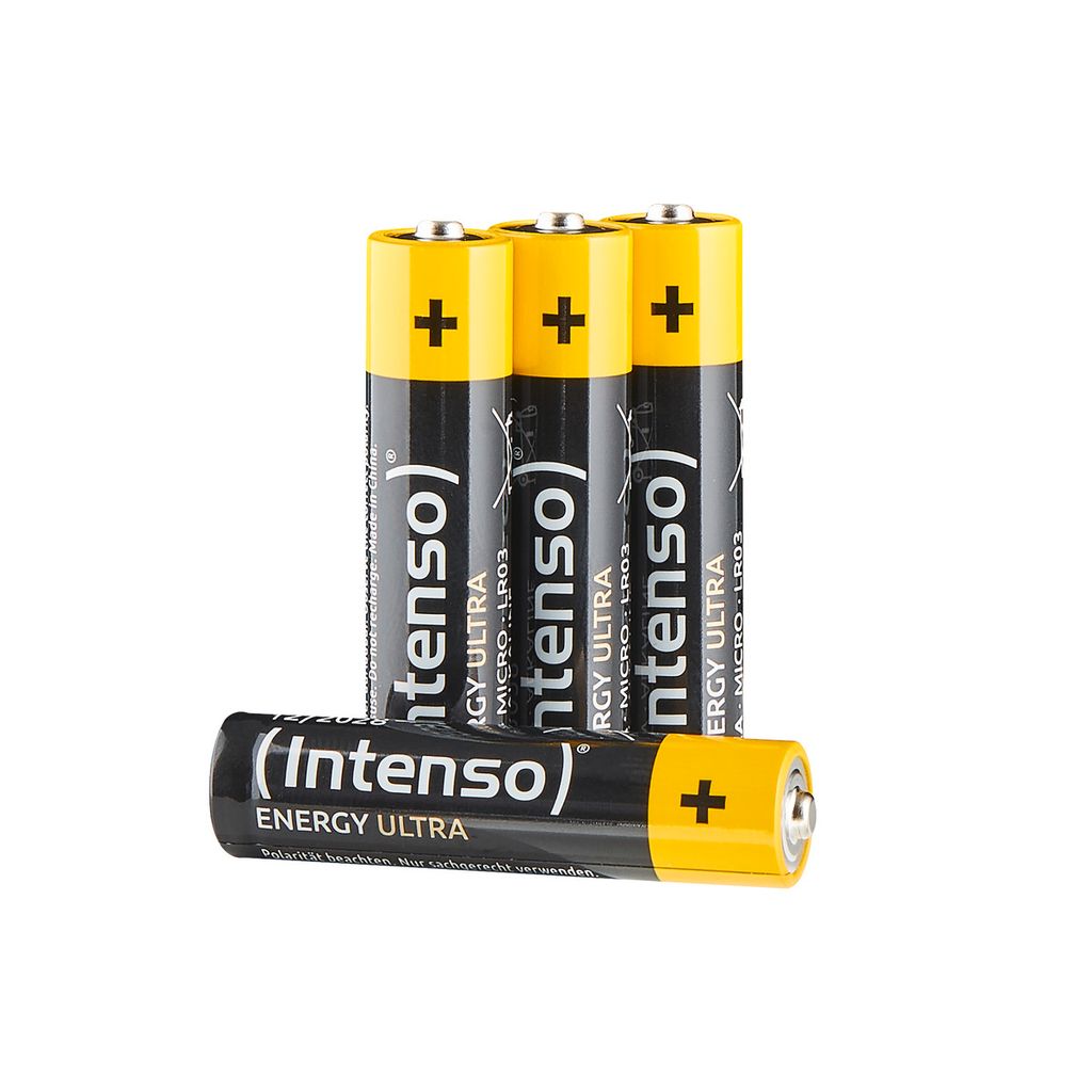 Four AAA batteries are arranged in a staggered formation against a white background.
