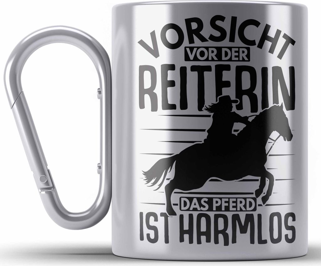 Trendation - Lustige Reiter Sprüche Geschenk Edelstahl Tasse Karabiner Reiterin Pferde Mädchen Geschenkidee Vorsicht Vor Der Reiterin (Silber)