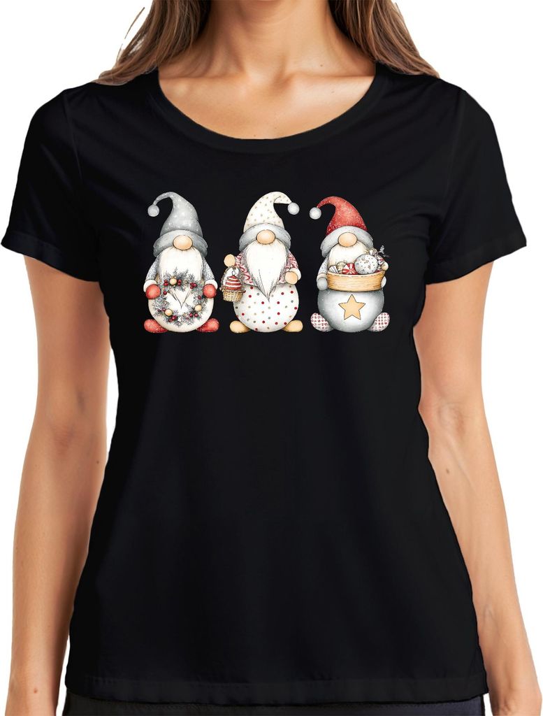 Weihnachtswichtel Gnom Bart niedlich Skandinavisch Weihnachtsdeko Damen T-Shirt, Schwarz, L