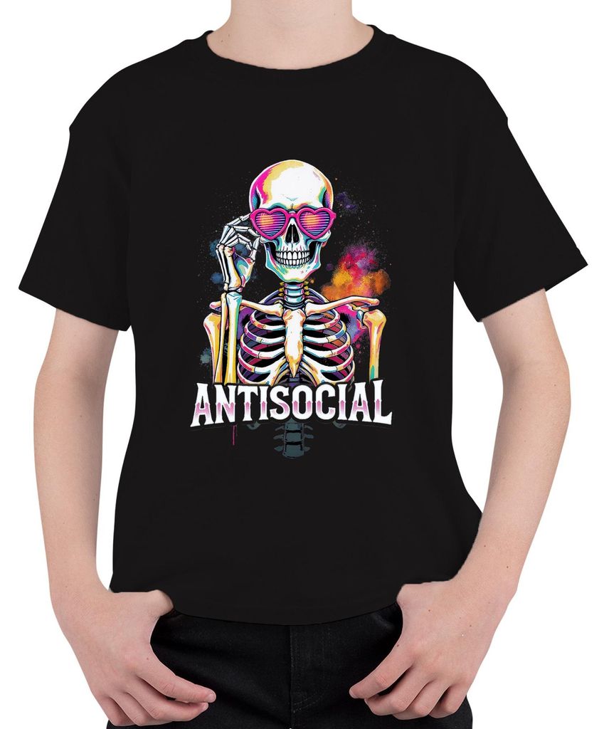 Antisocial Skelett Herzbrille Totenkopf bunt Halloween Retro Uni Kinder T-Shirt, Schwarz, 152
