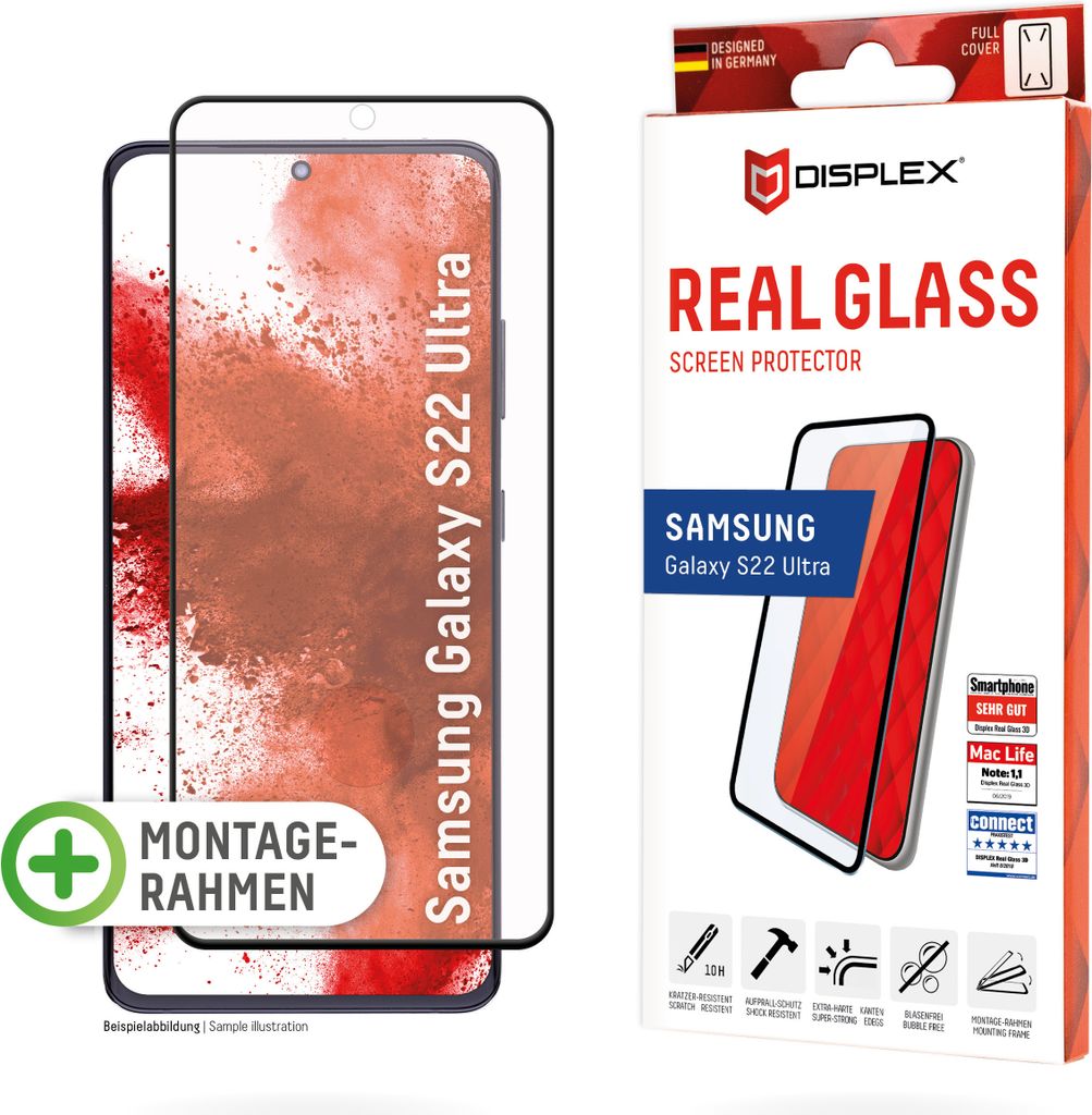 A product packaging and a screen protector for a Samsung Galaxy S22 Ultra.