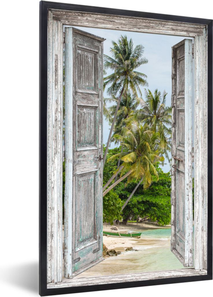 MuchoWow Gerahmtes Poster Tropisch - Palme - Blick - Meer 60x90 cm - Poster mit Schwarzem Bilderrahmen Wandposter Rahmen Foto Bilder - Kunst