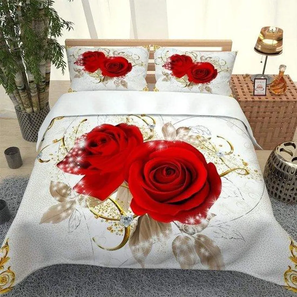 Housse de couette 155x220 cm rouge 3D en microfibre avec 2 taies d'oreiller