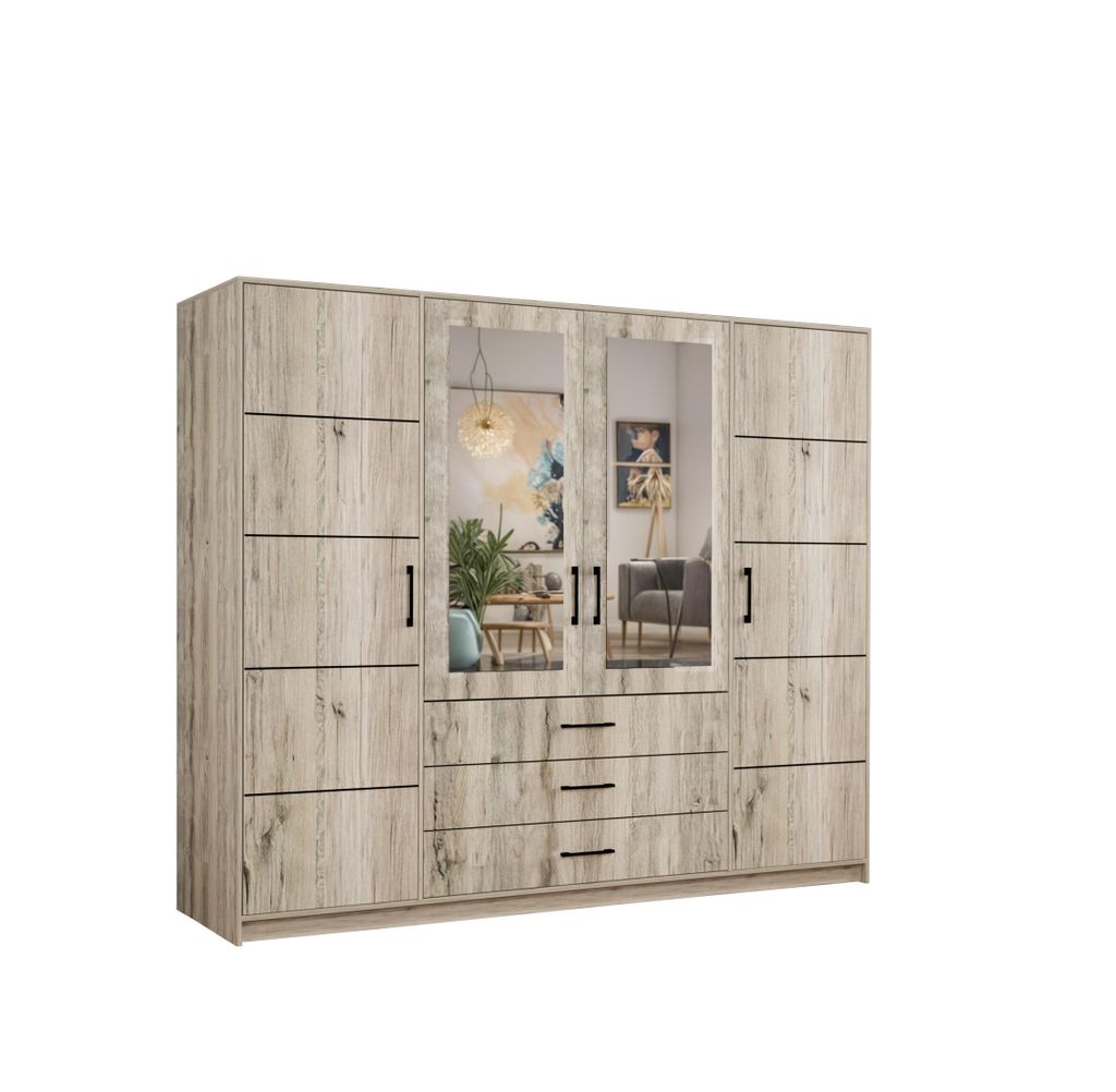 Drehtürenschrank Kleiderschrank 240 cm breit mit Spiegeln, 3 Schubladen und dekorativen streifen – Wellington mit schwarzen Griffen