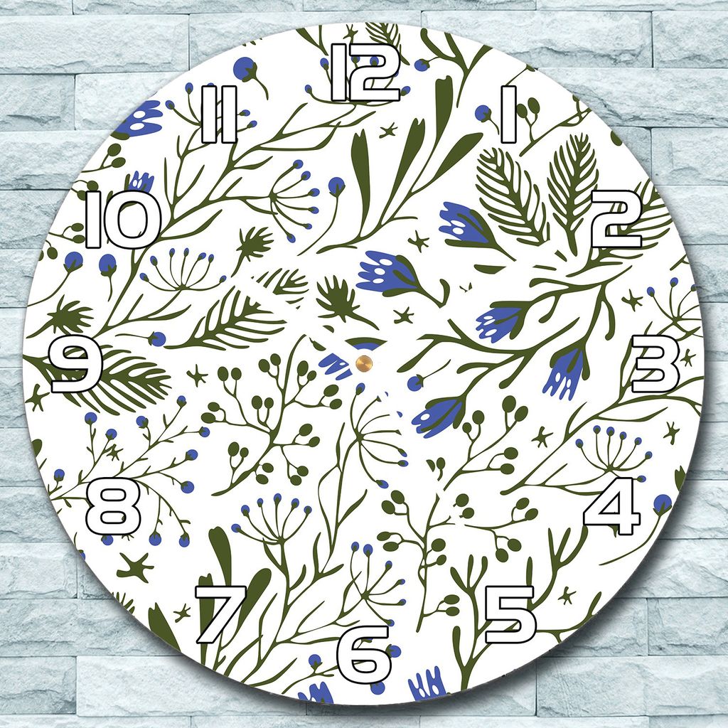 Wanduhr aus Glas Rund fi 30 Grüne Äste mit Blaue Blumen Deko Wohnzimmer Büro