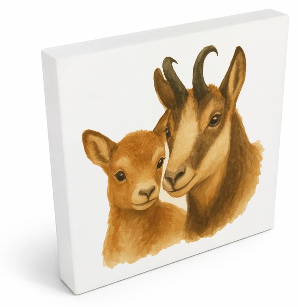 Gipfelliebe Gämse mit Jungtier Holzbild in 10x10 cm zum Stellen oder Aufhängen
