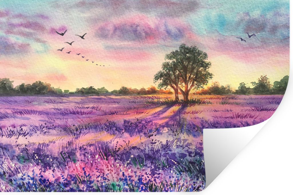 MuchoWow Wandtattoo Wandsticker Wandaufkleber Lavendel - Farbe - Vögel - Bäume - Lila 60x40 cm Selbstklebend und Repositionierbar - Wierderverw...