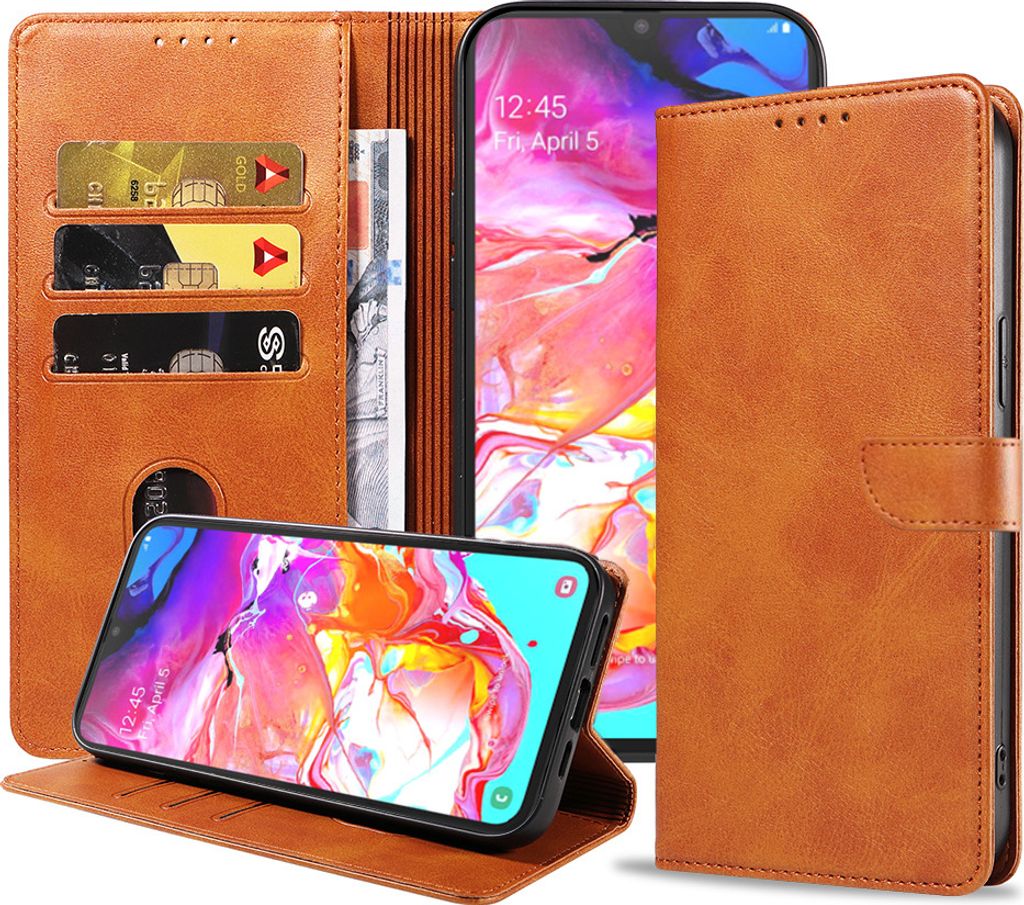 Geschikt voor Samsung Galaxy A70 Telefoonhoesje Kunstleer met Magnetisch lipje en Pasjeshouder Book Case met Klepje - Bruin - Smartphonica