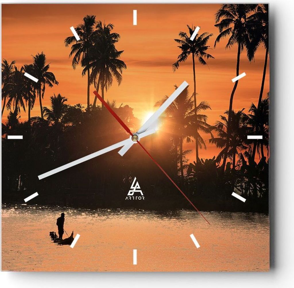 Wanduhr - Quadrat - Glasuhr - Palme Fluss Sommer - 30x30cm - Schleichendes Uhrwerk - Lautlos - zum Aufhängen bereit - Dekoration Modern - Wanddeko...