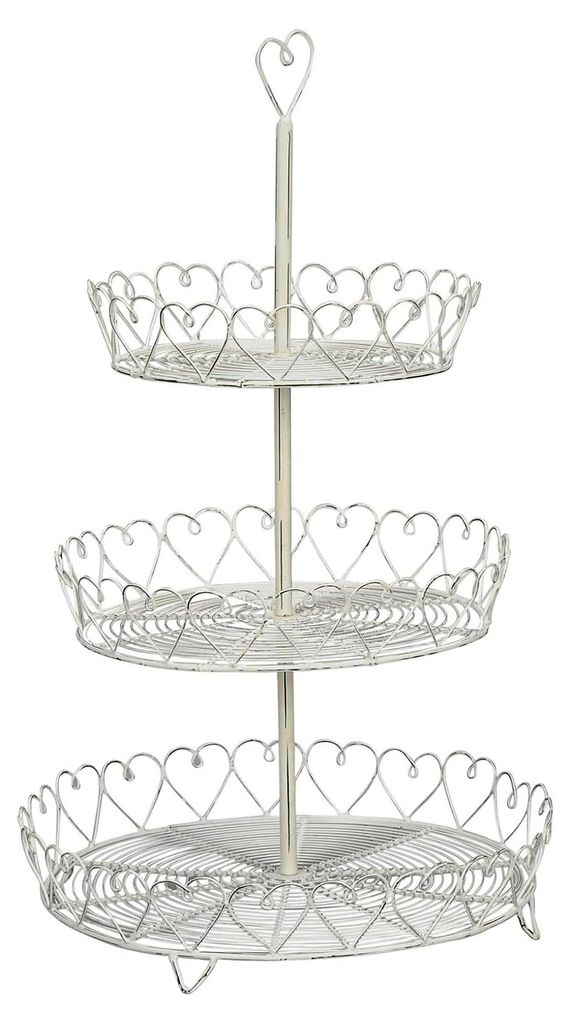 Dekorative nostalgische Etagere Korbetagere 3-stöckig rund mit Herzmotiv aus Metalldraht in shabby weißer Vintage-Optik