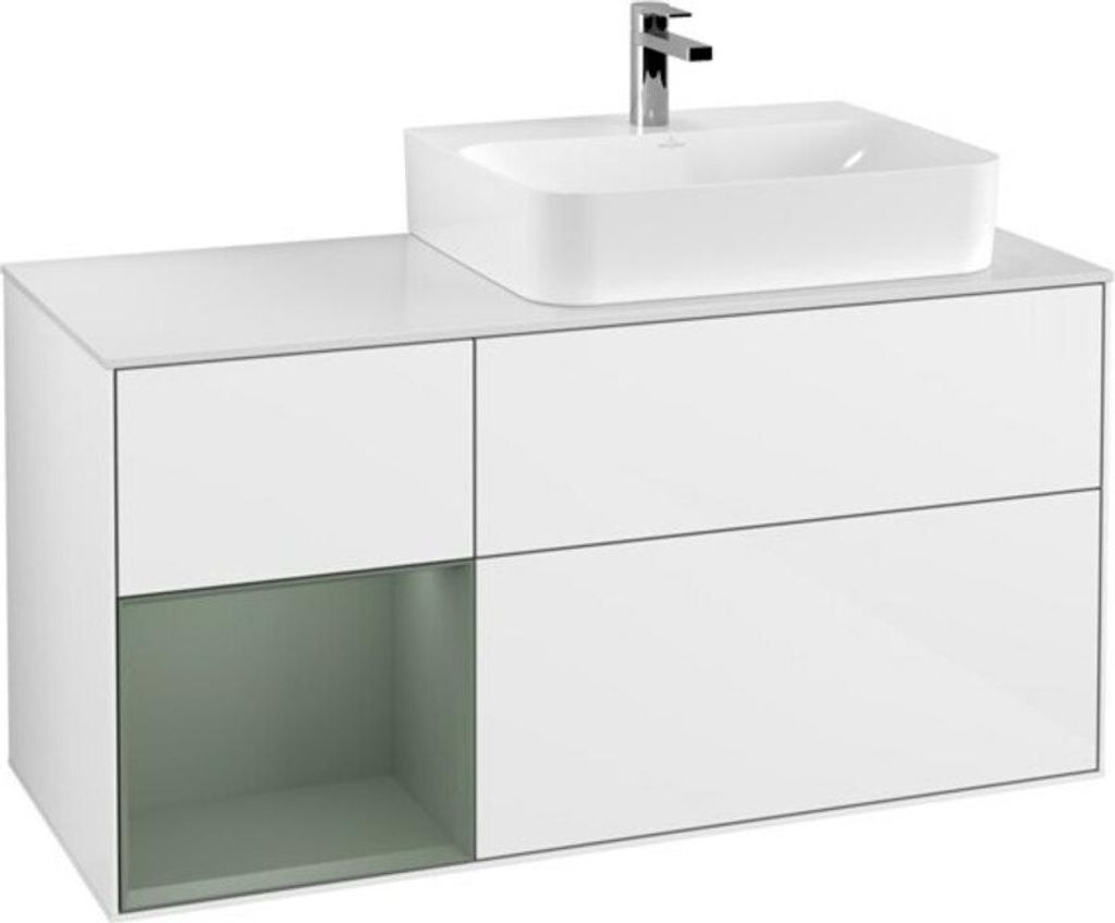 V&B Waschtischunterschrank Abdeckplatte Gl. wh. m Finion 120cm, Reg li Oli. m Lac, glo wh. Lac