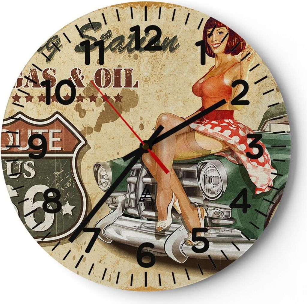Wanduhr - Rund - Glasuhr - Frau Auto Transport Straße - 30x30cm - Schleichendes Uhrwerk - Lautlos - zum Aufhängen bereit - Dekoration Modern - Wa...