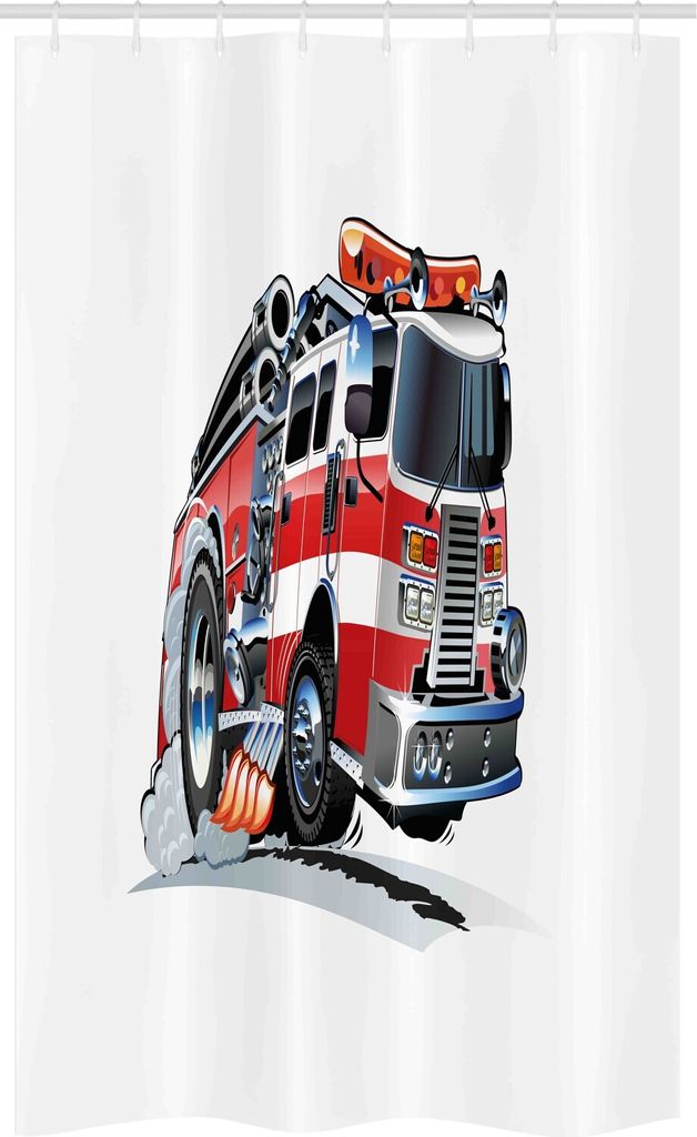 ABAKUHAUS LKW Schmaler Duschvorhang, Feuerwehr LKW, Badezimmer Deko Set aus Stoff mit Haken, 120 x 180 cm, Babyblau Scharlachrot