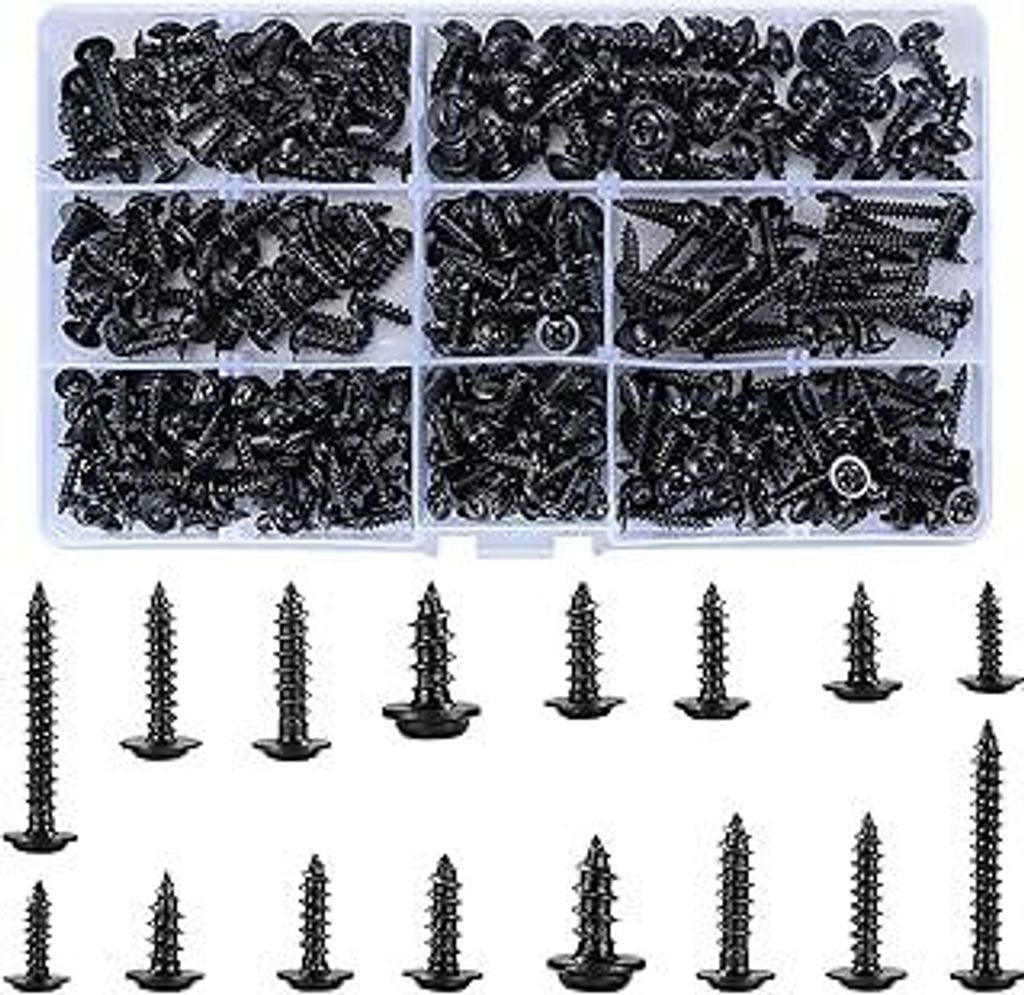 Selbstschneidende Schrauben, 350 Stück, selbstschneidende Schrauben, Kohlenstoffstahl, schwarze Holzschrauben, Set mit Rundkopf, Kreuzschlitzschra...