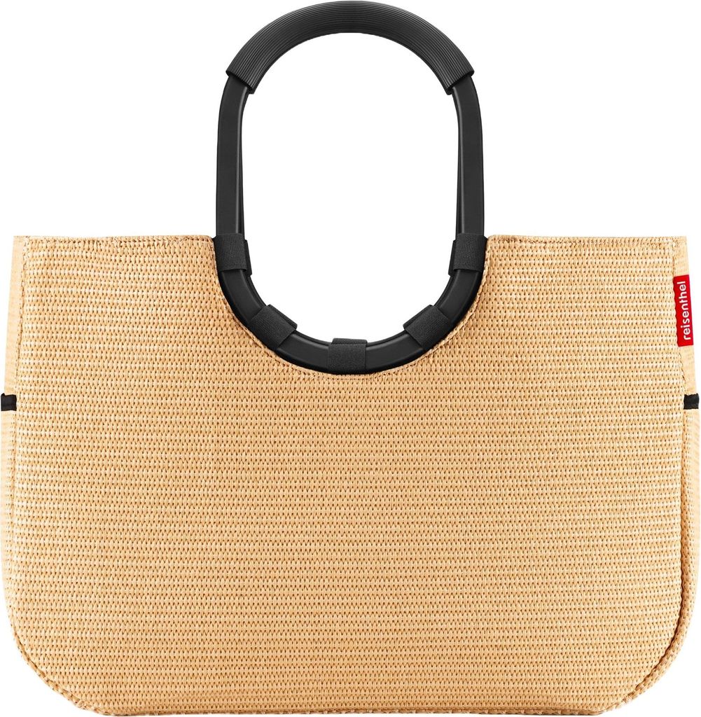 A studio shot of a beige woven tote bag with black handles against a white background.