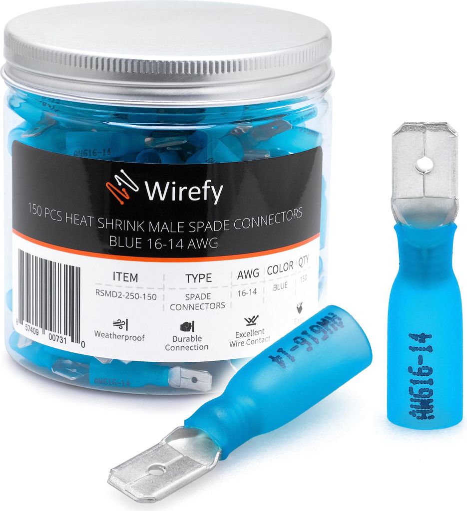 Wirefy Blaue Schrumpfverbinder Flachstecker Isoliert - Kabelschuhe Männliche Flachstecker Sortiment - Quetschverbinder Kfz - 1,5-2,5 mm² - 150 St...