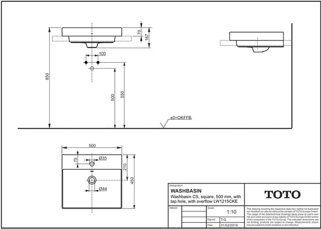 TOTO CS Waschtisch, 1 Hahnloch, mit Überlauf, 500x450mm, Cefiontect, LW1215CKE