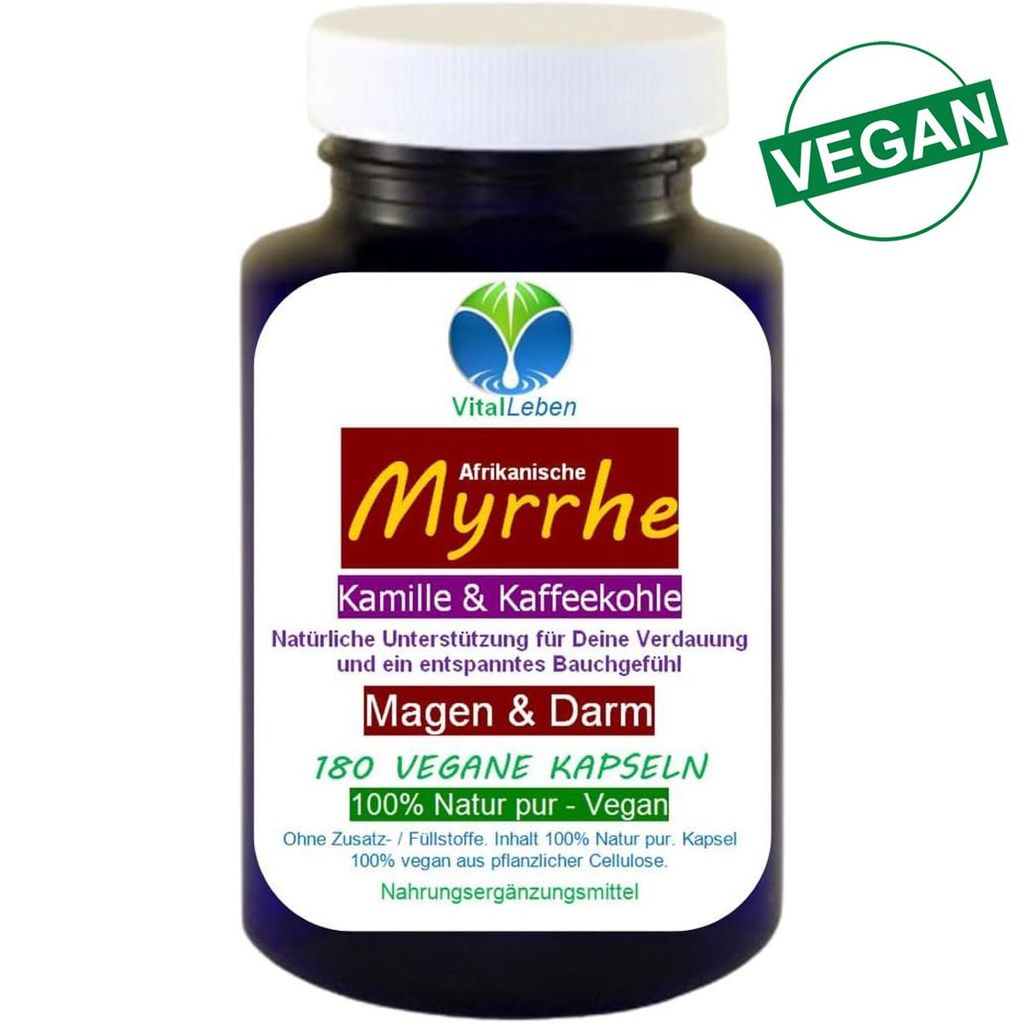 Myrrhe Kamille Kaffeekohle VEGAN 180 Kapseln für Verdauung, Magen-Darm-Balance. Pflanzlich, ohne Zusatzstoffe. 27415-180