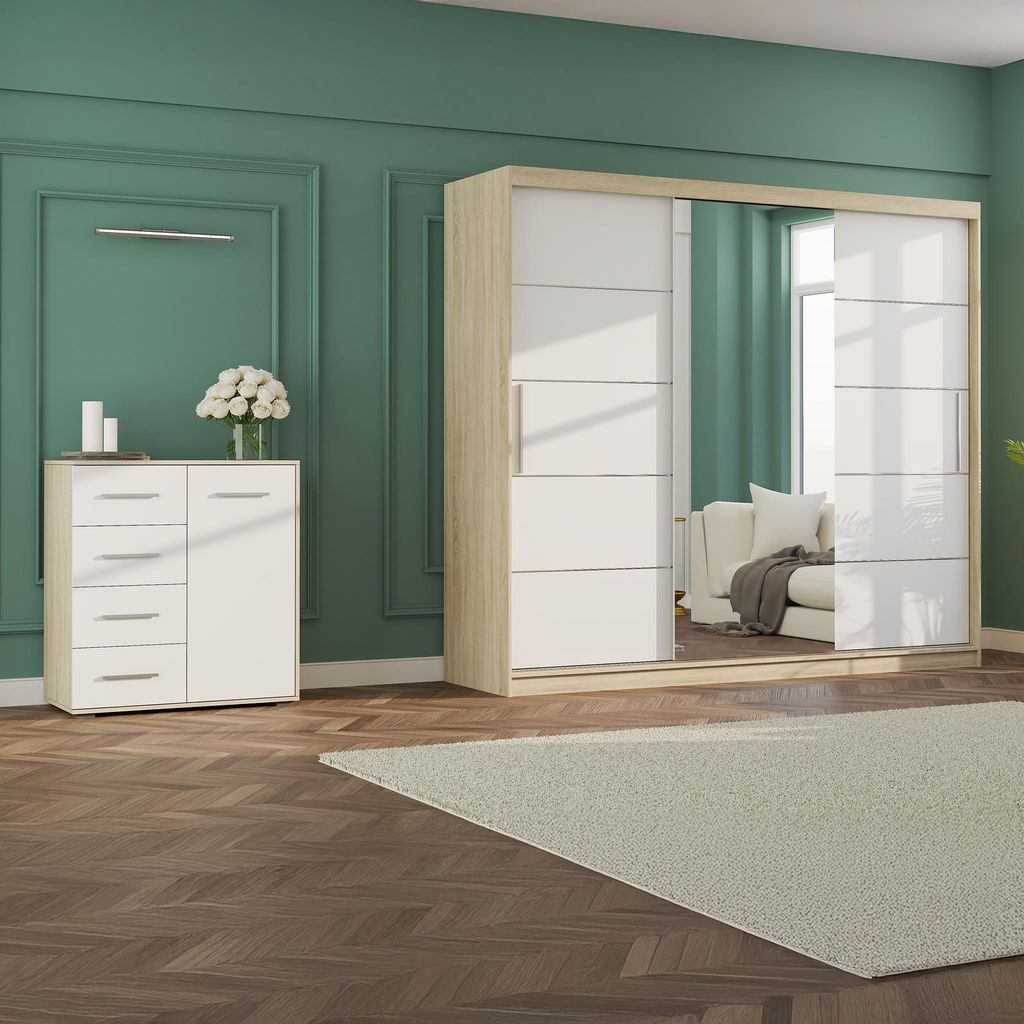 Schwebetürenschrank 250 cm Alba in Weiß/Sonoma mit Spiegel und LED, inkl. Kommode Frida 90 cm