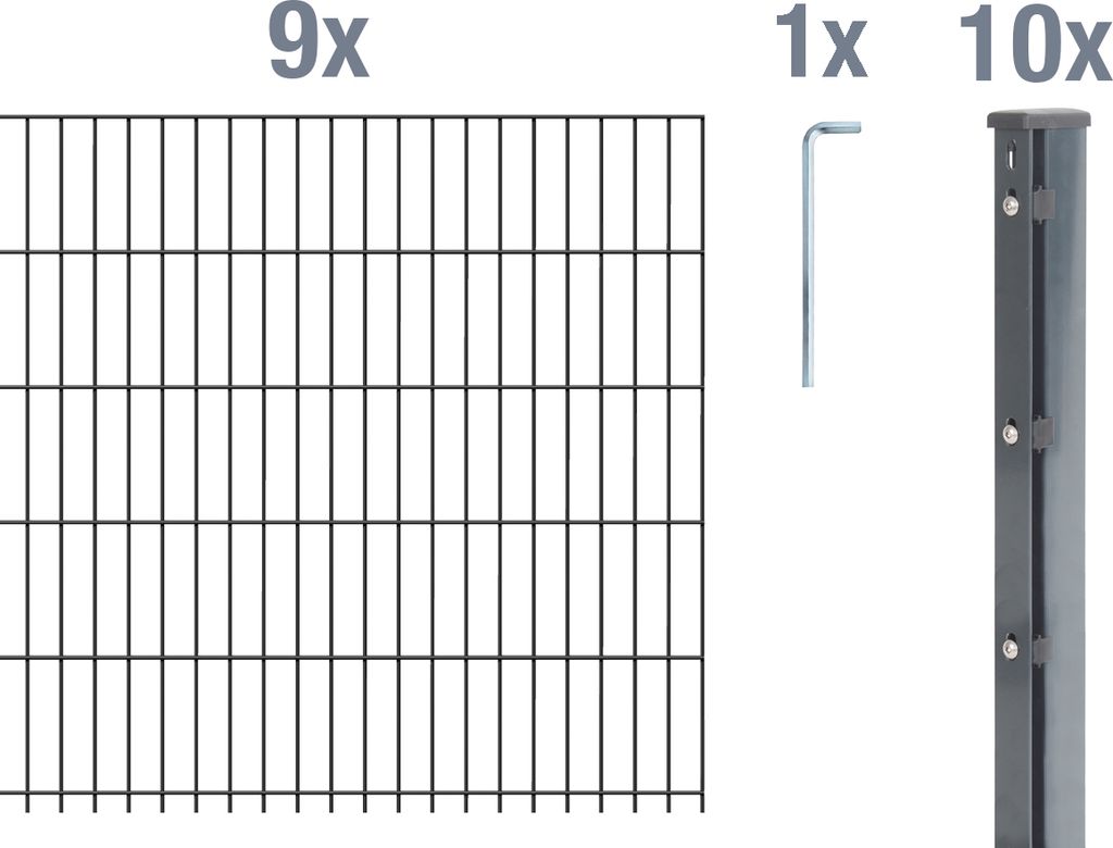 Alberts Doppelstabmattenzaun 6-5-6, Matten 2,50 m, Höhe 1,63 m, Länge 22,5 m, anthrazit, Zaun als Komplettset, Pfosten mit Abdeckleiste 60x40 mm