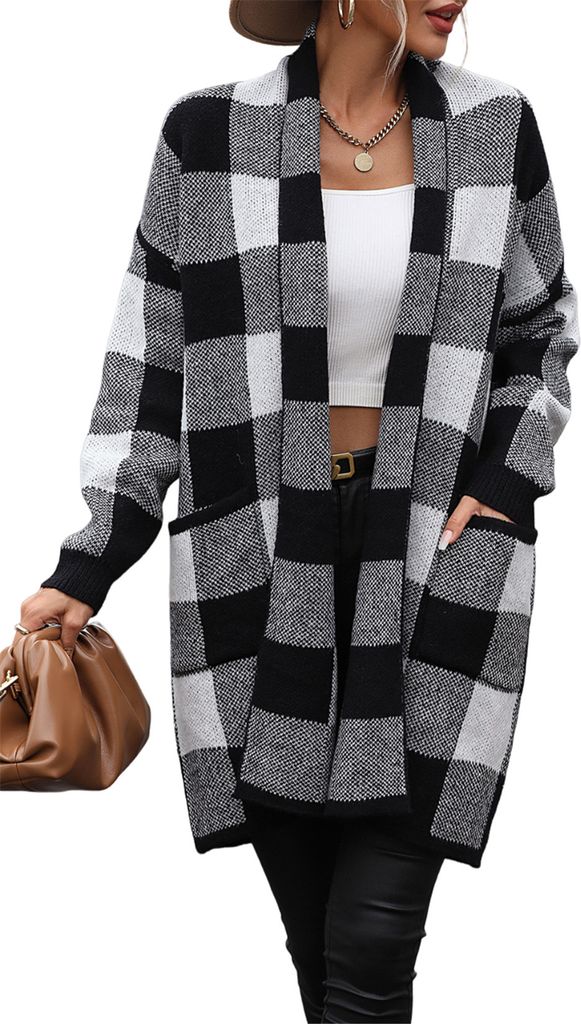 ASKSA Damen Cardigan Karierter Farbblockstrick Strickpullover Elegante Strickjacke Oberbekleidung, Schwarz, L