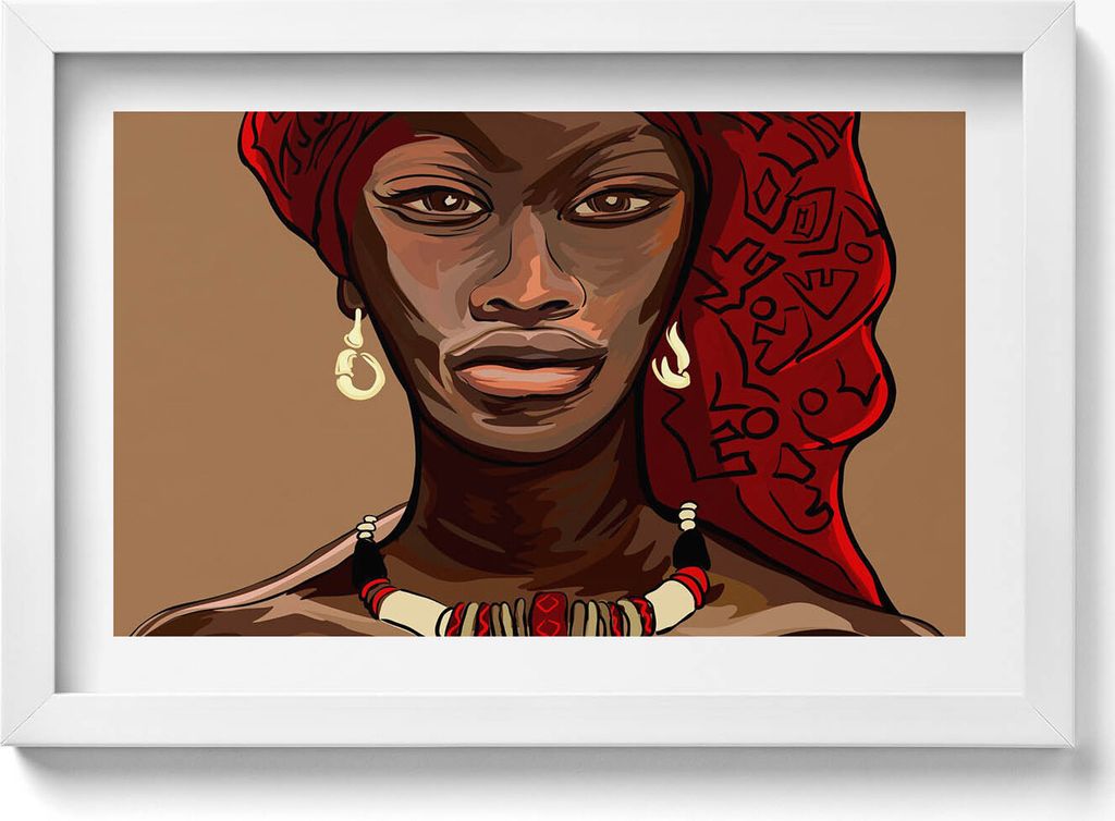 Kunst - Gemälde einer afrikanischen Frau– Wandbild mit Rahmen – Gerahmtes Bild – Wanddekoration – 30x20 cm – Weiß Rahmen