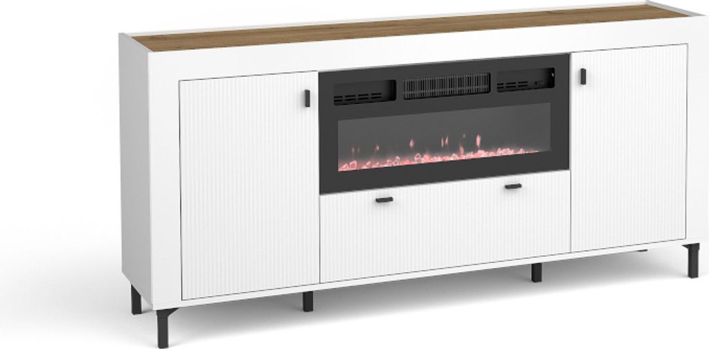 Minio, Kommode "ASSO 7", mit LED-Feuerstelle, blaue LED, 177 cm, Weiße Farbe / Whisky Eiche