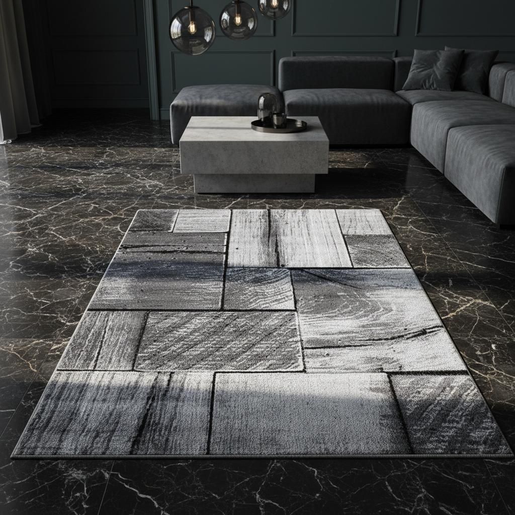Teppich Kurzflor 3D-Holz Elegant Waschbar Strapazierfähig | Schwarz 120x170 cm Esszimmer Schadstoff Saugroboter geeignet | DRAU – Kadima Design