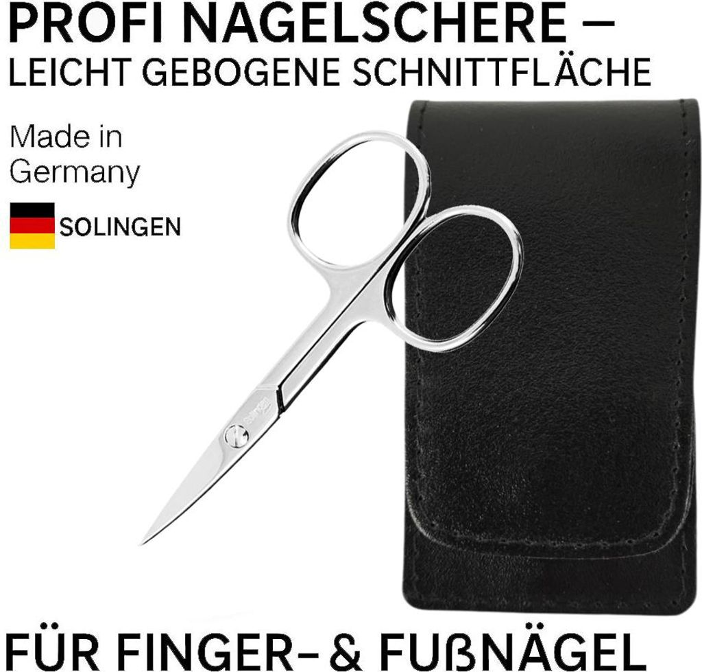 Solingen Nagelschere gehärteter Stahl Extra scharf mit gebogener Schneide Echt-Leder Etui