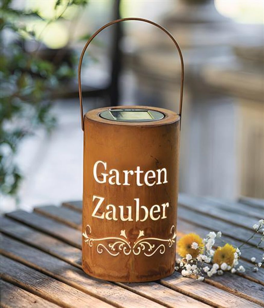 Solar LED Laterne "Gartenzauber" aus Metall mit Echtrost Finish, Gartenlaterne, Hängelaterne, Tischleuchte, Solarleuchte, Solarlaterne